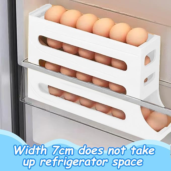 Egg Holder for Fridge, 4 Tiers Dispenser, 30 Egg Container Refrigerator, Large Capacity Organizer Automatic Fridge Rolling Egg Container for Pantry Countertop (White)