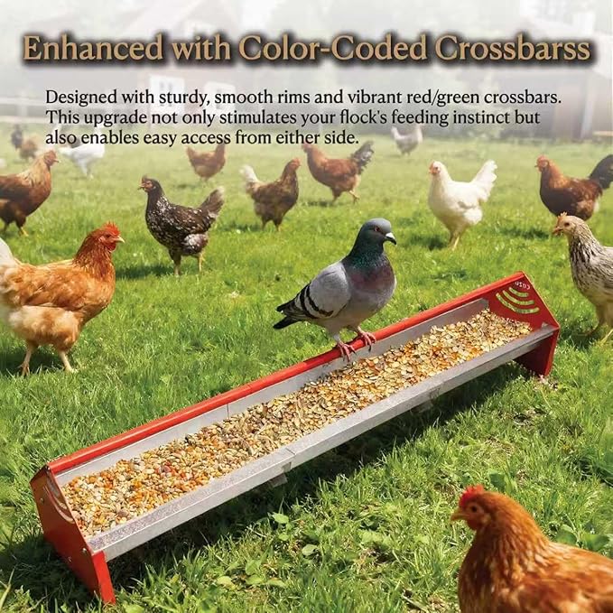 47" Chicken Trough Feeder - Galvanized Steel Feed Trough with Drainage Holes & Red Crossbar for Chicken, Duck, Turkey | Heavy Duty, Rust-Proof & Easy-Clean Design