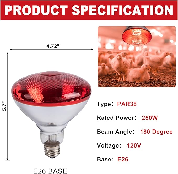 4 Pack 250W Chicken Heat Lamp Bulbs, PAR38 Red Heat Lamp for Chicks, Infrared Reflector Heating Bulbs for Brooder Heater, Infrared Heat Lamp for Pet, Bathroom, Food