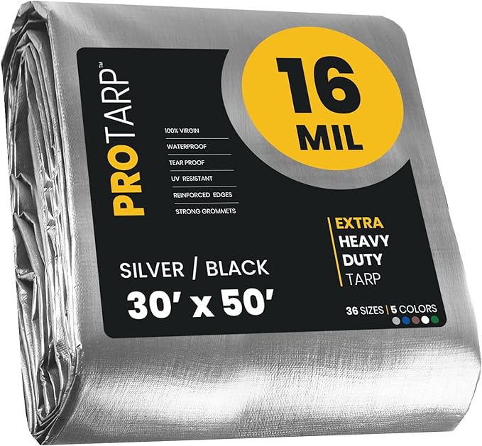 PROTARP Extra Heavy Duty 16 Mil Tarp Cover, Waterproof, UV Resistant, Rip and Tear Proof, Poly Tarpaulin with Reinforced Edges for Roof, Camping, Patio, Pool, Boat. (Silver/Black 30′ X 50′)