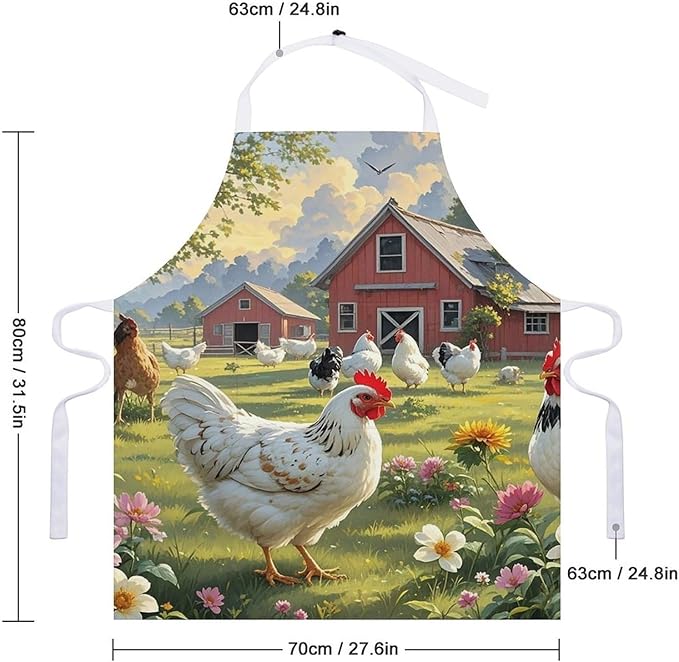 Chickens And Farm Chef Apron for Men Women with 2 Pockets Water & Oil Resistant Bib Aprons Adjustable Neck Strap & Long Ties Work Apron for Cooking Grilling Serving Crafts Gardening