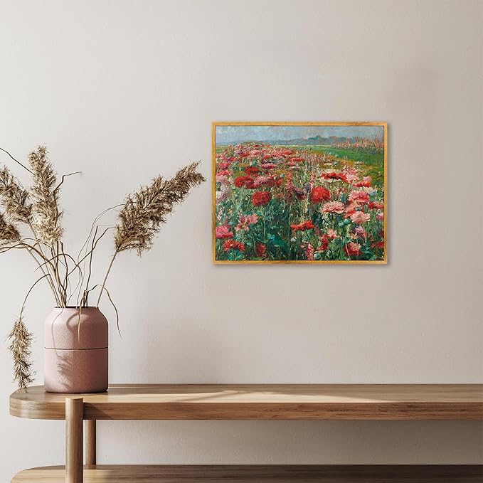 Farmhouse Flower Artwork Framed Red Wildflower Painting Vintage Flower Pictures Blooming Flowers Poster Nature Wildflower Wall Art Farmhouse Botanical Artwork Rustic Floral Paintings 8x10inch Framed