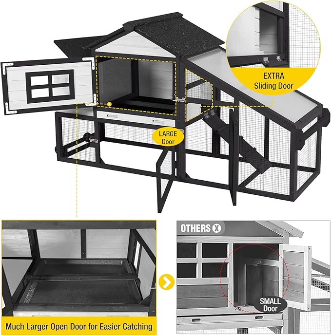 Aivituvin Chicken Coop Outdoor with Wheels, Mobile Hen House Wooden Poultry Cage with Run & Waterproof Roof (Black with White)