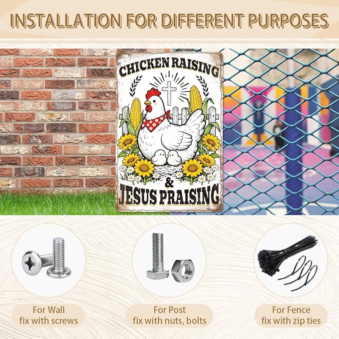 WADORN Funny Chickens Metal Tin Sign, 8x12 Inch Chicken Raising Jesus Praising Retro Tin Sign Rustic Farmhouse Wall Art Decor Plaque Gift for Home Farm Chicken-Coop Yard Farmhouse Kitchen Garden