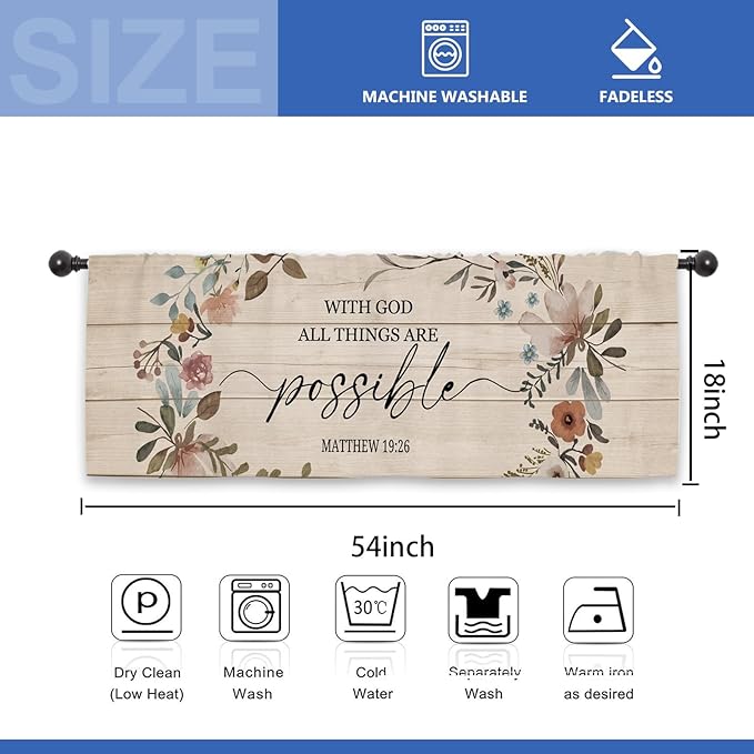 Bible Scripture Quotes Kitchen Curtain Valance 54W x 18L Inch Farmhouse Rustic Flower Country Motivational Religeous Rod Pocket Short Cafe Small Window Treatment Drapes Decor