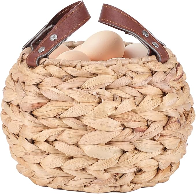 Farmhouse Egg Basket, Water Hyacinth Egg Collecting Basket,Round Wicker Basket with Handle,Large Capacity and Carrying Fresh Eggs,Egg Holder Countertop Cottage Decor for Kitchen