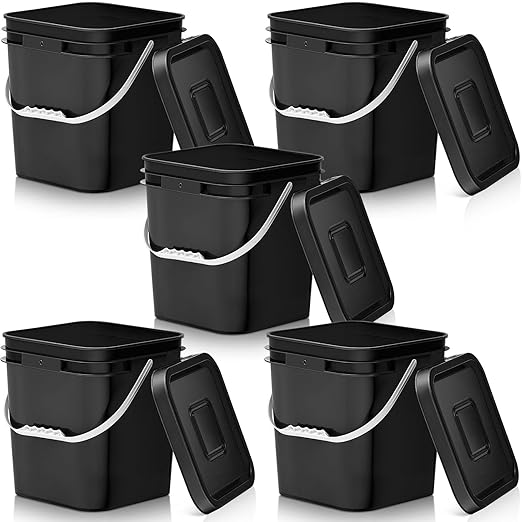 Mumufy 5 Pcs 3.5 Gallon Square Food Grade Bucket with Lid Square Bucket Pail Plastic Handles for Long Term Food Storage, Camping, Fishing, Home Organization Easy Stack and Store (Black)
