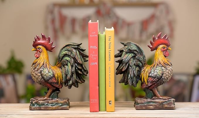 Farmhouse Decor, Decorative Roosters, Bookends, 2 Piece Set, Handcrafted, Chicken Lover Best Gift, Made in USA