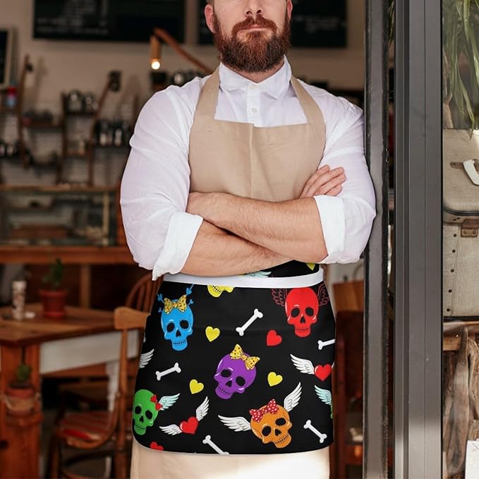 Short Aprons for Servers Unisex Chef Works Waitress Apron with 3 Pockets