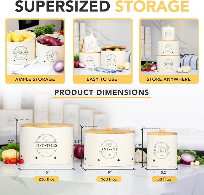 Canister Sets for Kitchen Counter with Wooden Bamboo Lids, Kitchen Canisters for Countertop, Stackable Steel Farmhouse Canisters for Potato Storage, Onion and Potato Storage Bins - Cream