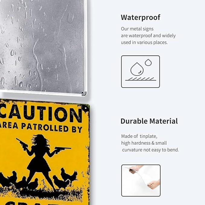 Caution Area Patrolled by Crazy Chicken Lady- Funny Chicken Signs for Farm Yard Fence Chicken Coop Decor 8x12 Inch