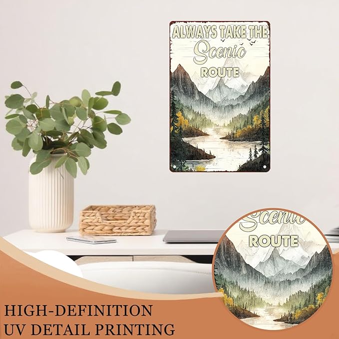 Camping Metal Tin Sign Always Take the Scenic Route Vintage Sign for Home Camper Cafes Bars Pubs Shop Wall Decorative for Men Women 8X12Inch
