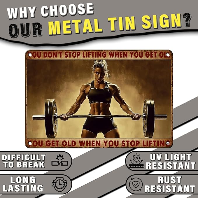 PEACHGARDEN Fitness Vintage Metal Tin Sign You Don't Stop Lifting When You Get Old Motivational Gym Wall Art for Home Weight Lifting Decor & Funny Workout Poster for Gym Cafe Bar 8x12inch