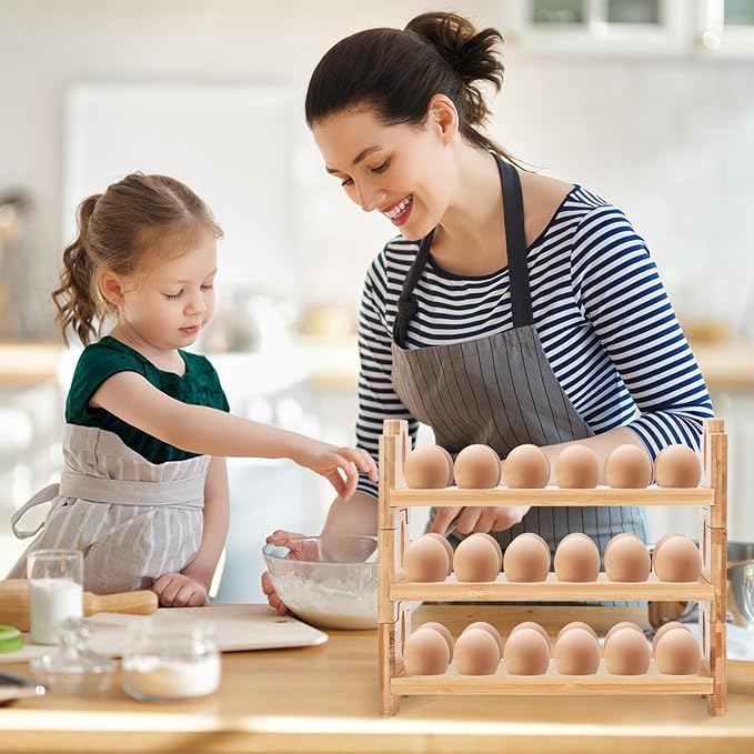 Space-Saving Bamboo Egg Rack - 3-Tier 12-Egg Capacity with Screwdriver, Stackable Countertop Organizer for Fresh Eggs
