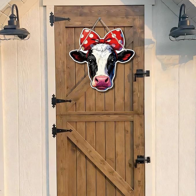 Farmhouse Wall Decor, Cow Head with Polka Dot Bow Wood Sign, Rustic Cartoon Painting Style Farm Animal Hanging Plaque, Country Wall Art for Kitchen Dining Room or Kids Room, 10.2x9.8 Inches