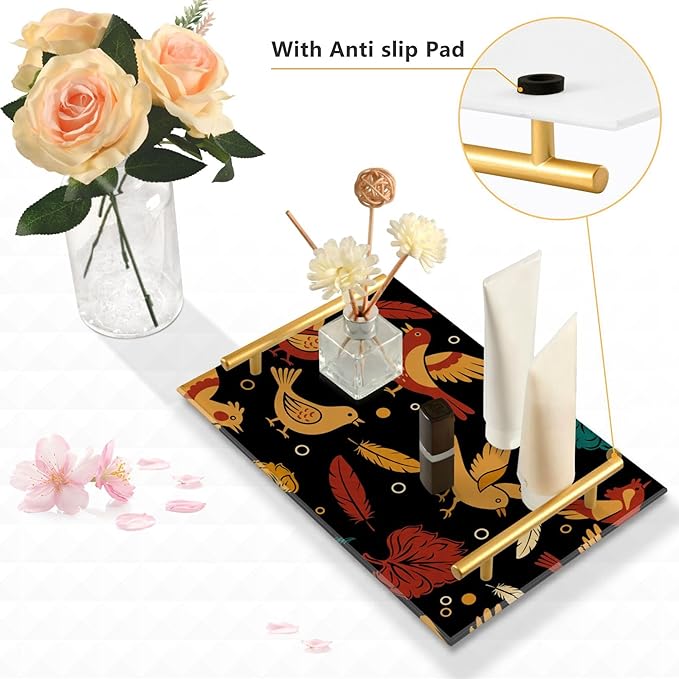Bathroom Vanity Tray Counter Organizer, Autumn Birds and Leaves Pattern Decorative Tray with Handles Countertop Storage for Bathroom Bedroom Kitchen Home Farmhouse