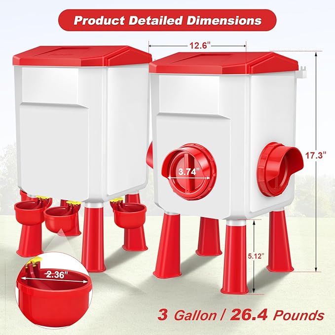 Chicken Feeder and Waterer Set with 3 Gallon/26.4 Pounds, Automatic Chick Feeder and Waterer Set No Waste, Poultry Feeder Large for Hens/Ducks/Poultry