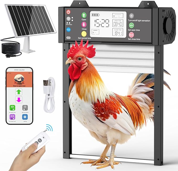 Smart Automatic Coop Door with App, Door Status Monitoring & WiFi Auto Connect, Solar Chicken Door Opener, Anti-Pinch Safety, Light Sensor, Timer, 4000mAh Battery Roll-Up Chicken Door for All Coops