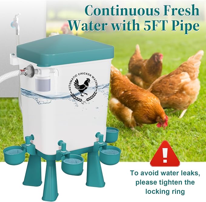 Chicken Waterer, 3 Gallons Automatic Chicken Waterers with 5ft Pipe, Float Controlled Automatic Poultry Water Feeder, 5 Chicken Waterer Cups (Blue, 3 Gallons)