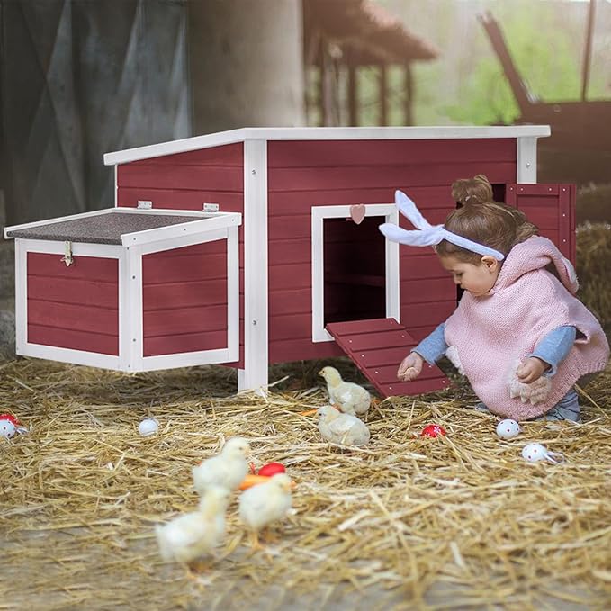 Petsfit Large Chicken Coop with Upgraded Perches, Wooden Outdoor Chicken Cage with Large Nesting Box, Weatherproof Open Asphalt Roof, and Removable Bottom for Easy Cleaning
