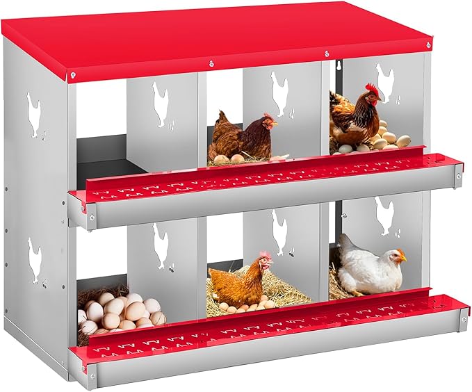 Garvee 6 Compartment Chicken Nesting Box, 2 Layer Wall Mount/Free Standing Poultry Nest for Chickens, Hens, Ducks, Metal Chicken Laying Boxes with Perch, Secure Lid, Vented Holes, Red
