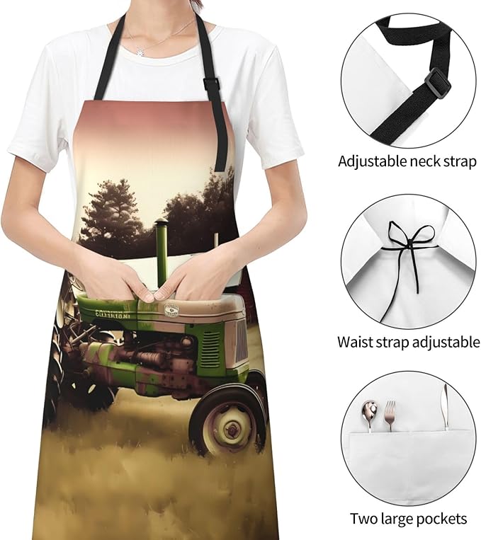 Old Tractor Photo Farm Cooking Aprons for Women Men Waterproof Bib Apron with Pockets Adjustable Kitchen Chef Apron