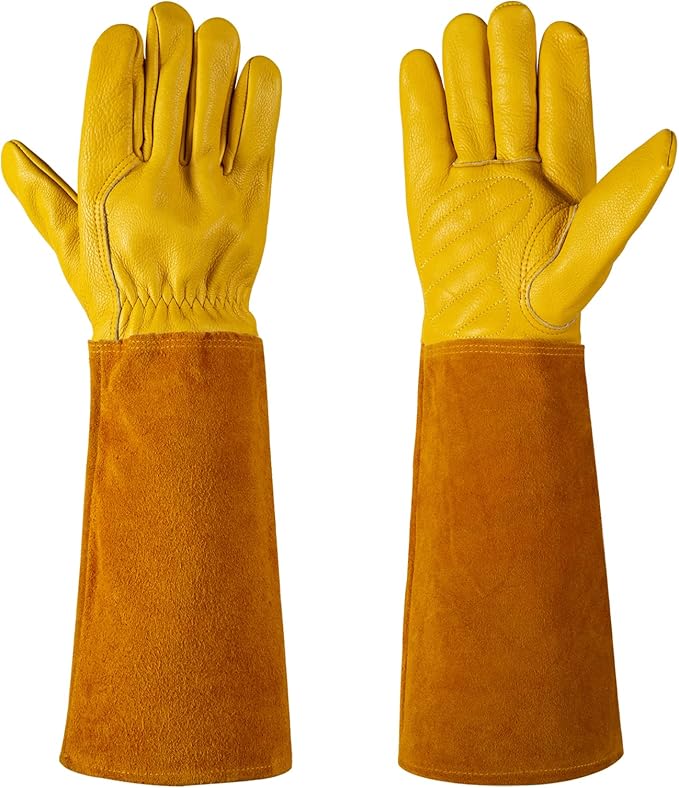 Thorn Proof Gardening Gloves for Men & Women, Long Cowhide Leather Rose Pruning Gloves with Forearm Protection, Puncture Resistant Gauntlets for Cacti, Blackberries & Yard Work(Butter Yellow,Small)