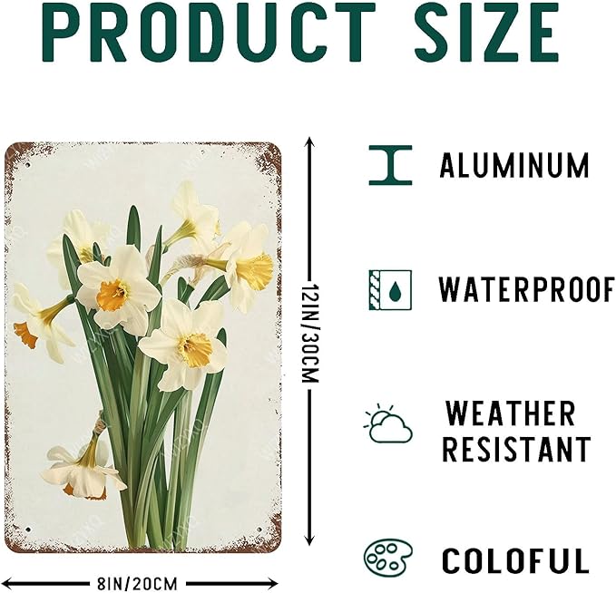 Flowers Metal Signs Narcissus Sign Vintage Tin Sign Retro Wall Art Decor for Living Room Bedroom Garden Yard Shop Bar 8×12 Inches