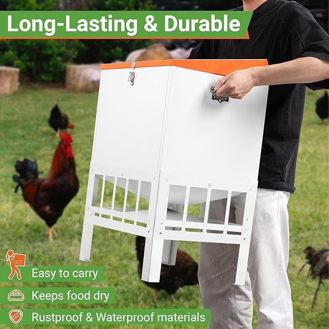 Chicken Feeder with Grille, 50LBS No Waste Chicken Feeder with 18 Ports, Powder-Coated Steel Feeder w/Waterproof Lid and Stainless Handles, 16”L x 12.5”W x 24.5”H