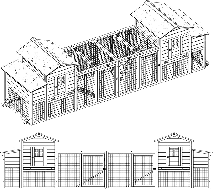 PetsCosset 158in Chicken Coop Wooden Indoor Outdoor for 1-6 Chickens Extension Chicken Houses with Removable Tray Nesting Box and Run（Set of Two）, Grey