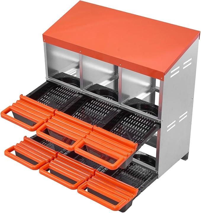 VEVOR 2 Tiers Chicken Nesting Boxes, 6 Compartments, Metal Egg Laying Boxes with Protective Collection Lids, Roll Out Nesting Box, Easy to Assemble, Ideal for Hens, Ducks, Chickens, and Other Poultry