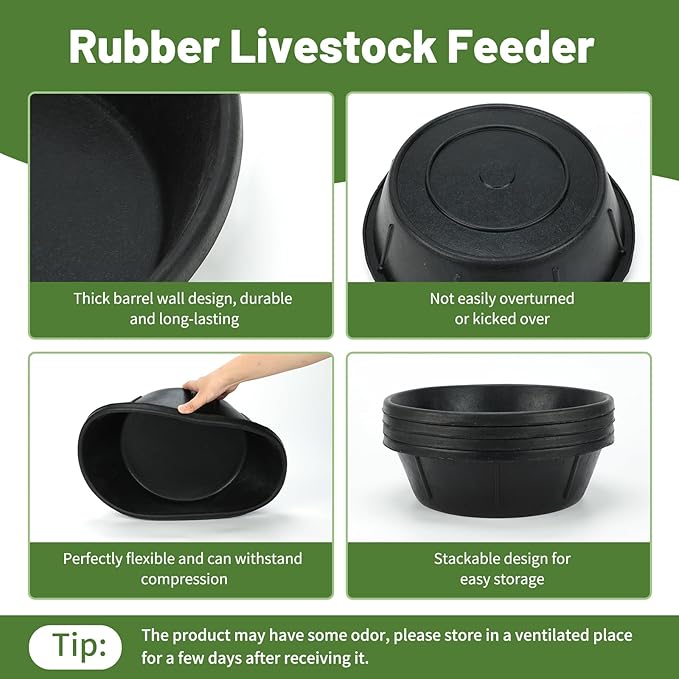 4Pcs Rubber Feed Pan, 8 Quart/ 2 Gallon Horse Feeder Bucket Livestock Feed Pan, Heavy Duty Rubber Dog Bowl Chicken Dust Bath Tub for Dogs Pig Goat Chicken Farm Small Animal,14.56 x 4.53 Inches
