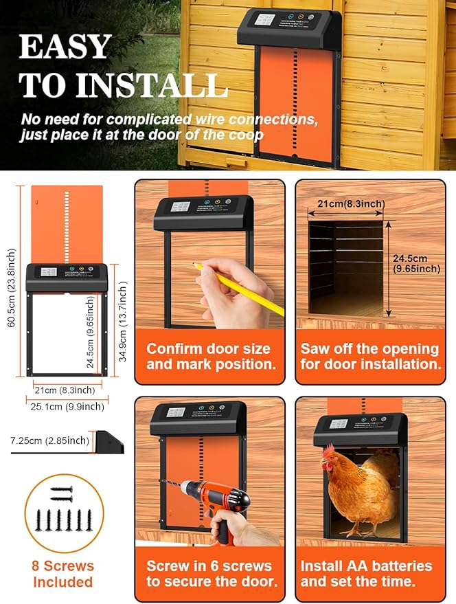 Automatic Chicken Coop Door, Aluminum Automatic Chicken Door with Anti-Pinch Feature, Timer and LCD Display (Black-Orange)
