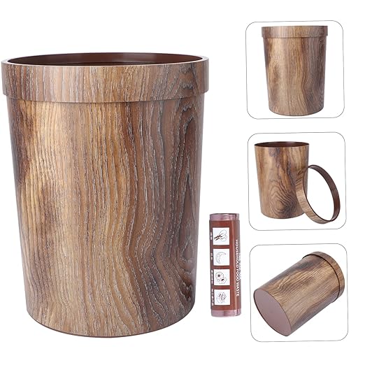 VICASKY Retro Trash Can Ornament Container Metal Storage Baskets Lip Gloss Containers Small Trash Can Rubbish Bin Wood Grain Wastebasket Garbage Bin Living Room Garbage Brown