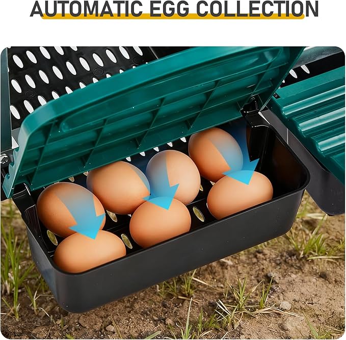 Chicken Nesting Box with 6 Compartments, Automatic Roll-Away Egg Collection, Wall Mount Hen Laying Box with Perch Removable Trays for Easy Cleaning Durable Galvanized Steel Nest Box for Backyard Green