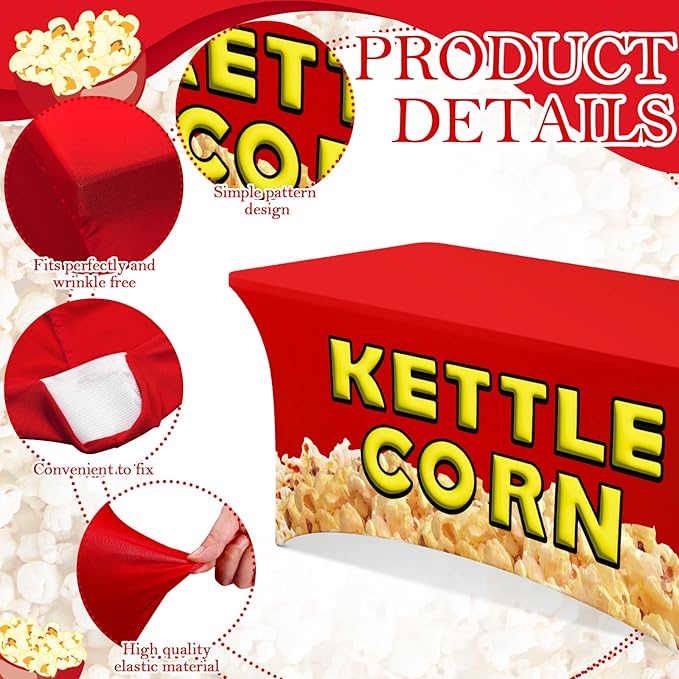 Oudain 6 ft Kettle Corn Stand Tablecloth Elastic Spandex Popcorn Rectangle Table Cover Kettle Corn Banner Sign Table Cloth for Business Advertising Carnivals Party Outdoor Concession Stand