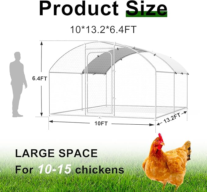 Large Metal Chicken Coop Walk-in Poultry Cage with Waterproof and UV-Resistant Cover, Outdoor Chicken Run Poultry Hen House for Backyard Farm Use,Dome Roof(10’ W x 13.2’ L x 6.4’ H)