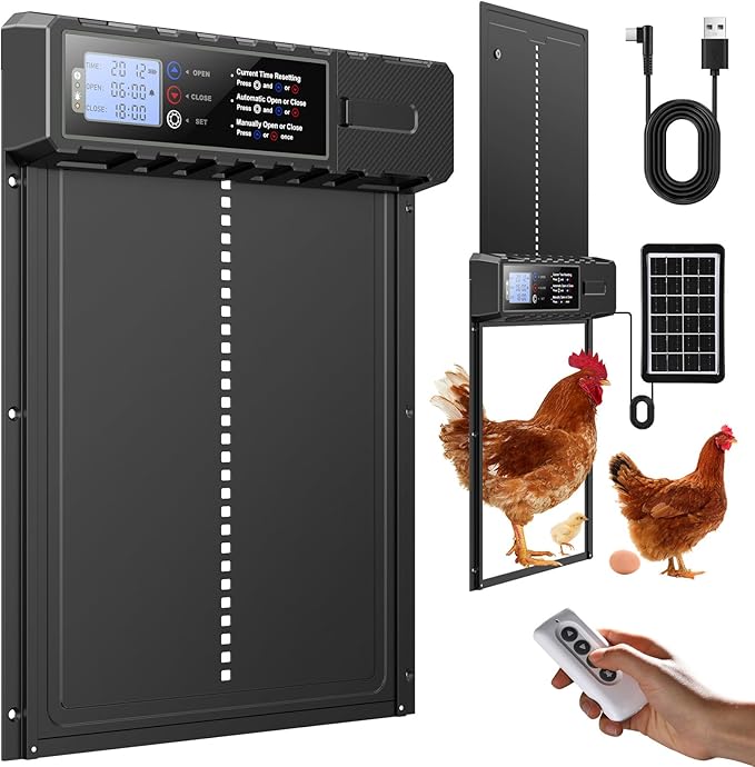 Automatic Chicken Coop Door Solar Powered with XL Large Size 10.8″x 14.2″ Auto Chicken Door Design with USB-C Charging & 3 Modes, Anti-Pinch & Aluminum Alloy Weather Proof-Black
