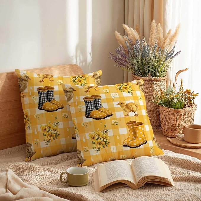 Duck Yellow Gingham Throw Pillow Covers 18x18 Inch, Set of 2 | Spring Farmhouse Square Cushion Cases for Couch Bedroom Nursery | Easter Farm Animal Home Decor, Decorative Pillowcases