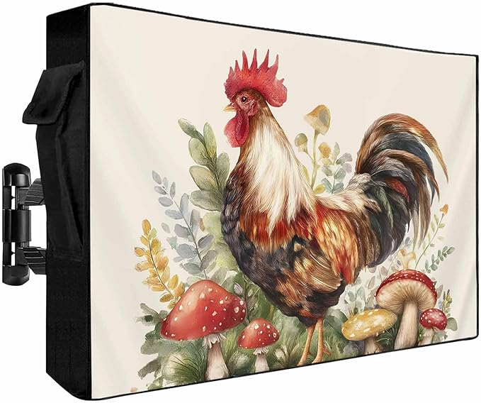 Waterproof Outdoor TV Cover 60 to 65 Inch, Retro Watercolor Farm Chicken Outside Flat Screen Televisions Weatherproof Cover Size 58"L x 37"H, Mushroom on Linen TV Protector With Zipper