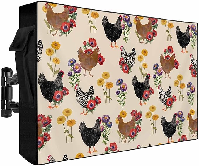 Waterproof Outdoor TV Cover 48 to 50 Inch, Farm Chicken Colorful Poppy Outside Flat Screen Televisions Weatherproof Cover Size 48"L x 30"H, Spring Floral on Beige TV Protector With Zipper