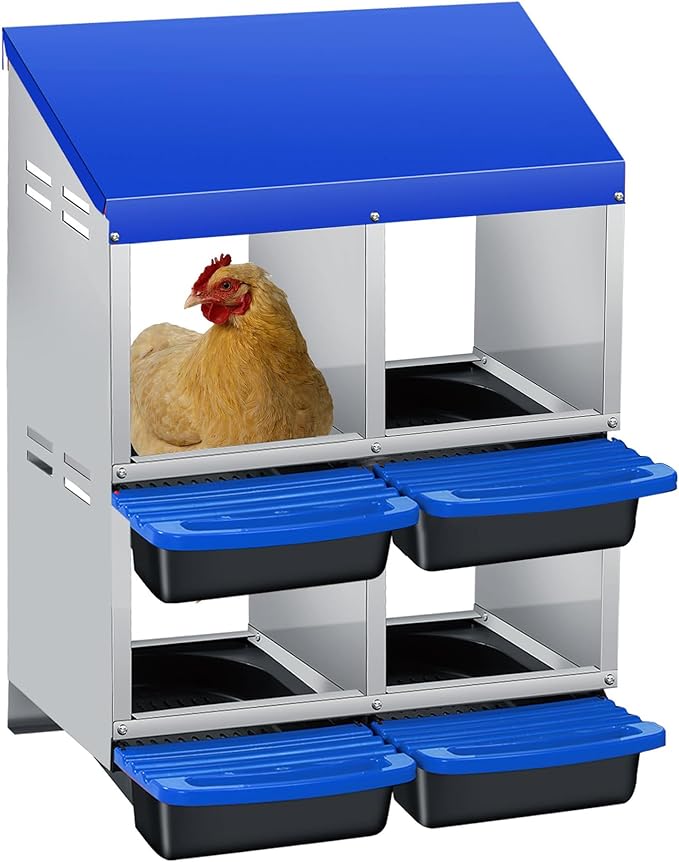 Metal Chicken Nesting Box with Easy-Collect Tray & Lid – 3/4/2x2 Compartment Heavy Duty Roll Away Nesting Boxes for Chickens, Wall Mount or Freestanding, Galvanized Steel Hen Laying Box for Coop