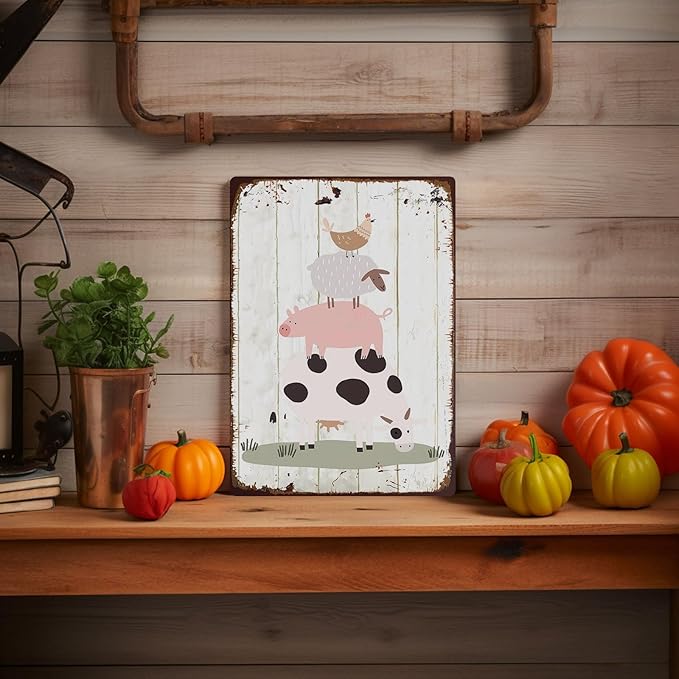 Rustic Farm Animals Metal Sign Chicken Sheep Pig Cow Vintage Style Wall Decor for Farmhouse Gift 12x8 Inches