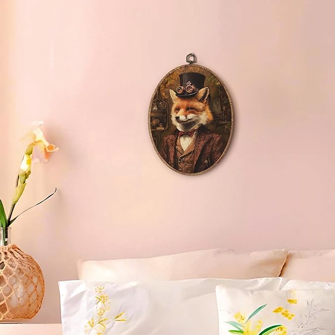 Hxlac Vintage Fox Oval Wall Art Framed, Dark Moody Fox Oval Wall Decor, Rustic Farm Animal Hanging Canvas Prints Wall Sculptures for Farmhouse Home Living Room Bedroom Decor, 8.5x11.5 Inch