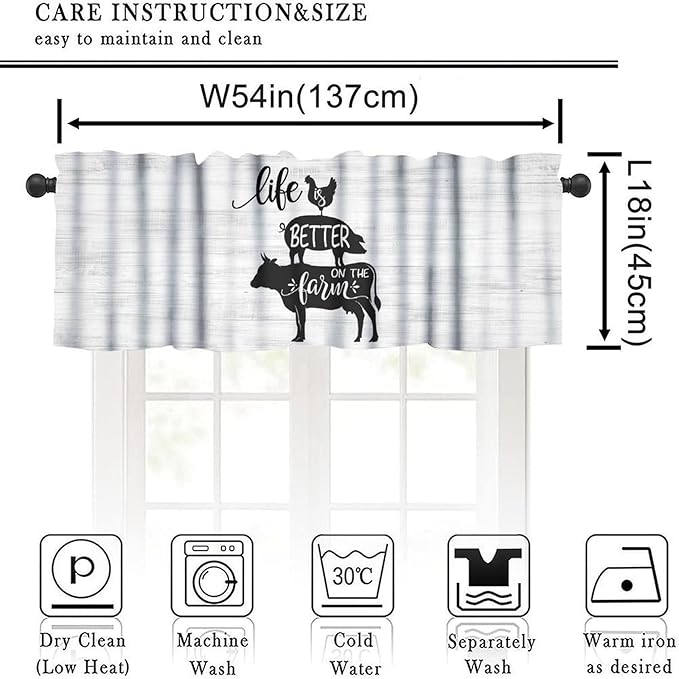 Farm Animals Valance Curtains White Rustic Retro Wooden Board Black Silhouette Cow Pig Rooster Art Print Rod Pocket Curtain Valance for Kitchen Bedroom Living Room Decor 1 Panel W54xL18 Inch
