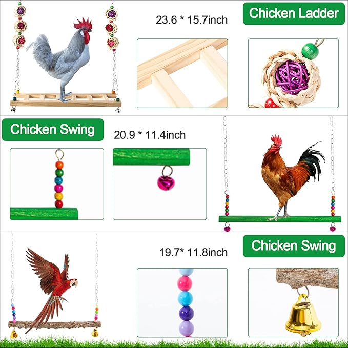 13 Pack Chicken Toys for Coop Accessories - Chicken Xylophone Toy, Chicken Mirror, Chicken Ladder Bridge, Coop Swing, Vegetable Hanging Chicken Feeder, Chewing Foraging Toys, Gifts for Hens