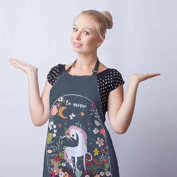 Cook Apron for Men Unicorn Floral Moon Cute Aprons for Women for Kitchen Cooking Restaurant BBQ Painting Crafting 27” (W) x 31” (H), Waterproof Apron