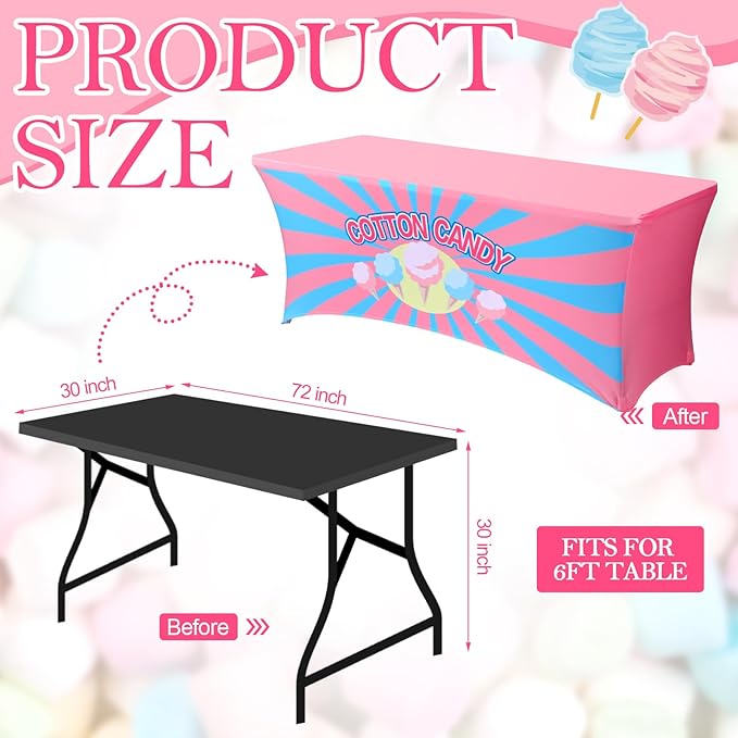 Oudain 6 ft Cotton Candy Stand Tablecloth Elastic Spandex Table Cover Cotton Candy Shop Pink Blue Banner Sign Table Cloth for Business Advertising Carnivals Party Outdoor Concession Stand