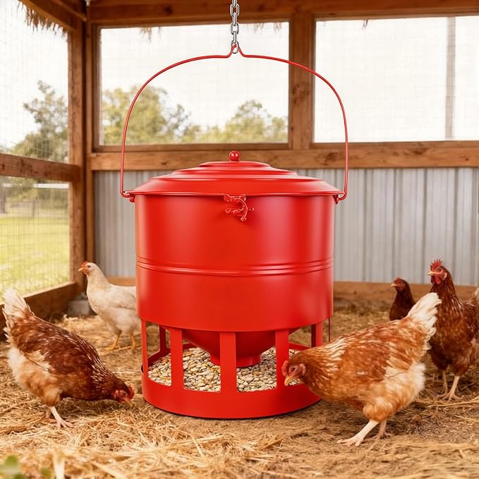 Metal Hanging Chicken Feeder No Waste, Rain-Proof Automatic Chicken Feeders, No-Spill Poultry Feeder, Rat Proof Gravity Chicken Feeder with 12 Ports for Farm & Backyard Chicken Coop