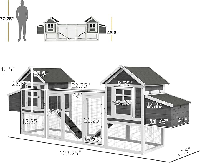 PawHut Dual Wooden Chicken Coop with Garden Bed, Large Outdoor Hen House with Nesting Boxes Removable Trays, Ramps Run, for Garden Backyard, 123" x 27.5" x 42.5", Dark Gray